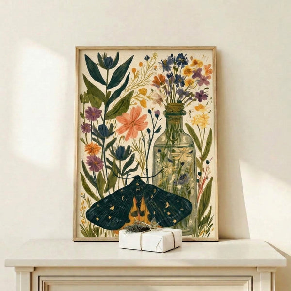 Framed boho watercolor print displaying a whimsical moth among blooming wildflowers and foliage nestled in a vase, combining mystical purple and deep navy hues with warm golden accents.