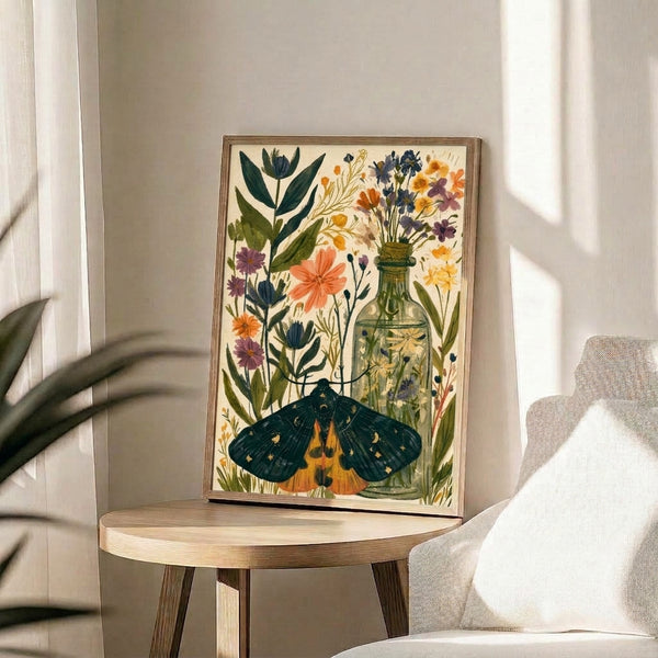 Watercolor folk art poster showing an elegant moth surrounded by wildflower sprigs and botanical leaves in soft cream, forest green, and coral tones with touches of navy and purple.