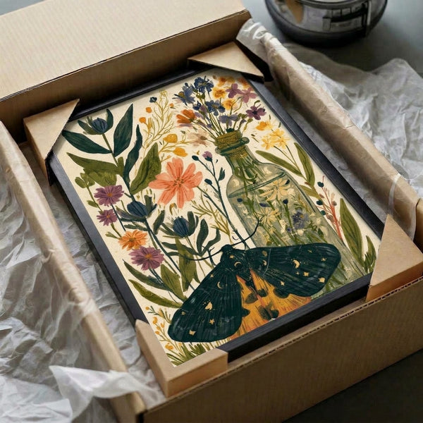 Boho-style framed botanical watercolor artwork depicting a serene moth composition with delicate wildflowers, leafy stems, and a decorative vessel in harmonious cream, golden yellow, and forest green palette.