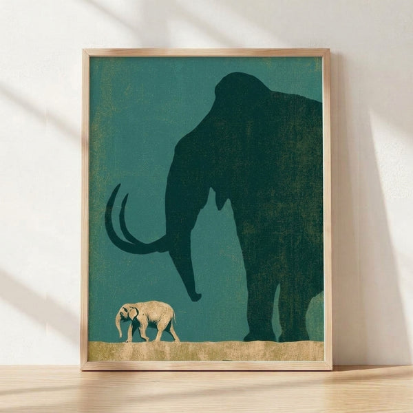 Minimalist framed poster featuring a mother woolly mammoth and baby elephant in silhouette, rendered in teal, sage green, and gold against a cream background, conveying tender protection and contemplative mood.