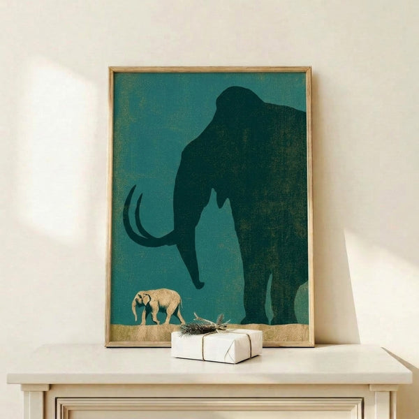Modern retro art print showing a protective mammoth mother with her young calf in soft teal and sage tones with gold accents, displayed as a framed wall piece in minimalist style.