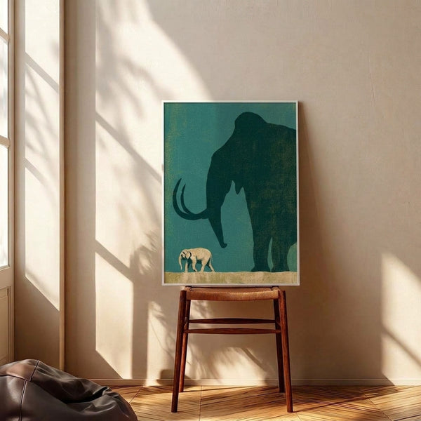 Contemporary retro-inspired framed print with a mother mammoth and calf rendered in teal, sage, and gold hues against cream, capturing intimate wildlife protection in minimalist form.