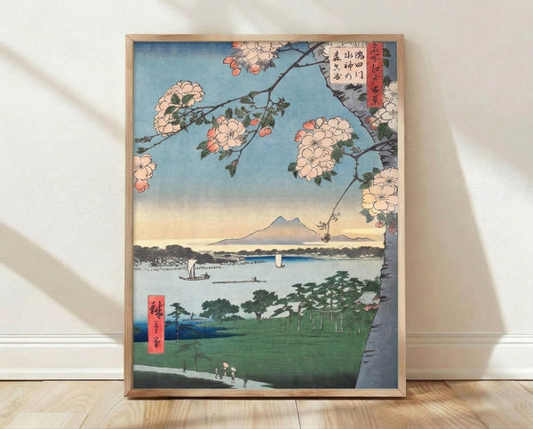 Serene Japanese woodblock-style landscape poster featuring Mount Fuji overlooking cherry blossoms in coral-pink, pale blue water, and a small shrine nestled among forest-green trees with a boat on the lake.