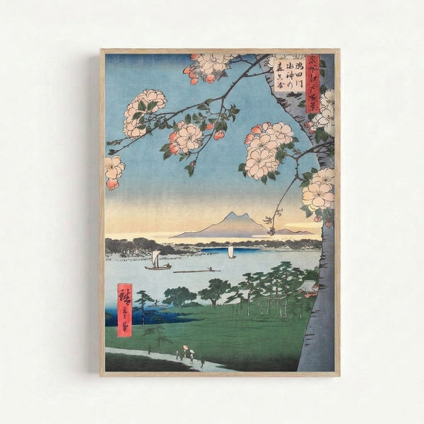 Japandi framed art print depicting a contemplative spring scene with blooming cherry trees, distant snow-capped mountain, and tranquil waterside shrine rendered in charcoal, cream, and soft blue tones.