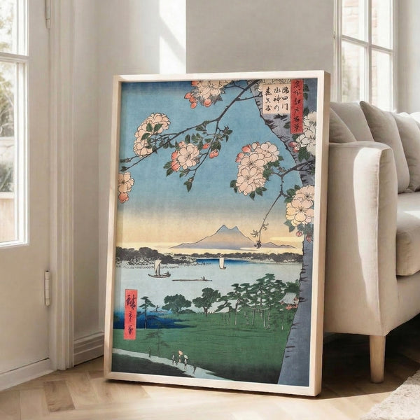 Japanese landscape poster combining delicate cherry blossoms with a majestic mountain vista, peaceful water, and shrine architecture in a refined palette of pale blues, cream, and spring pinks.