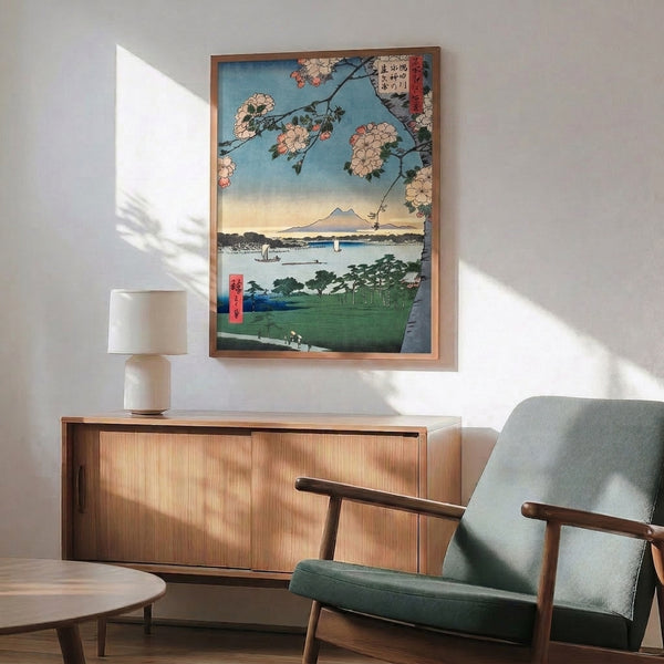 Contemplative Asian art poster featuring a harmonious composition of cherry blossoms, lakeside shrine, distant Fuji, and traditional boat; executed in the serene tones of cream, pale blue, and charcoal.