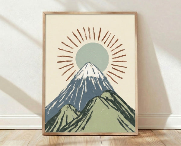 Japanese woodblock-style framed poster featuring Mount Fuji at sunrise with a large glowing sun, rendered in sage green, slate blue, cream, and rust brown tones in a minimalist, contemplative aesthetic.
