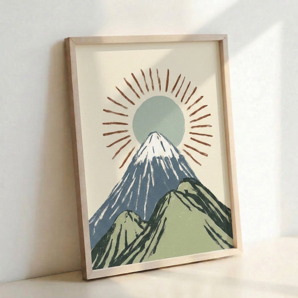 Framed poster art depicting Mount Fuji under a radiant sunrise in traditional woodblock style, with minimal composition using soft sage, slate, cream, and rust earth tones.