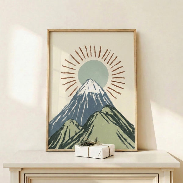 Japanese mountain landscape wall art print in minimalist woodblock tradition, capturing a tranquil sunrise over Fuji with contemplative mood in cream, sage green, and slate blue hues.