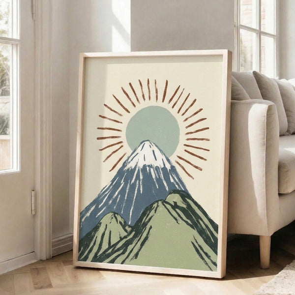Serene framed art print showing Mount Fuji silhouette against a glowing sun, executed in vintage Japanese aesthetic with muted rust brown, sage green, and slate blue tones.