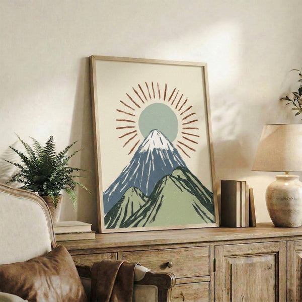 Zen-inspired landscape poster featuring Mount Fuji and sunrise in traditional woodblock style, rendered with peaceful minimalism in cream, sage, slate, and rust color palette.
