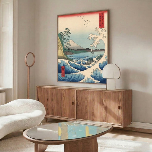 Serene Japanese art depicting waves, a lone vessel, and mountainous terrain with natural vegetation in muted blues, teals, and pale yellows.