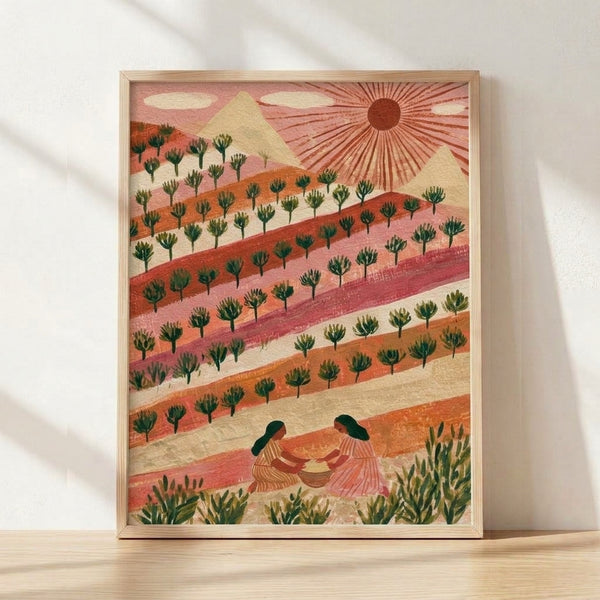 Minimalist watercolor landscape featuring terracotta mountains and a warm sunrise over golden fields, with sage green plants and a solitary figure in a pastoral scene.