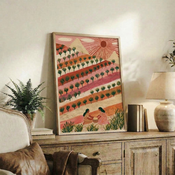 Boho-style art print depicting a peaceful harvest scene with warm ochre tones, dusty rose accents, and rolling terracotta hills beneath a glowing sunrise.
