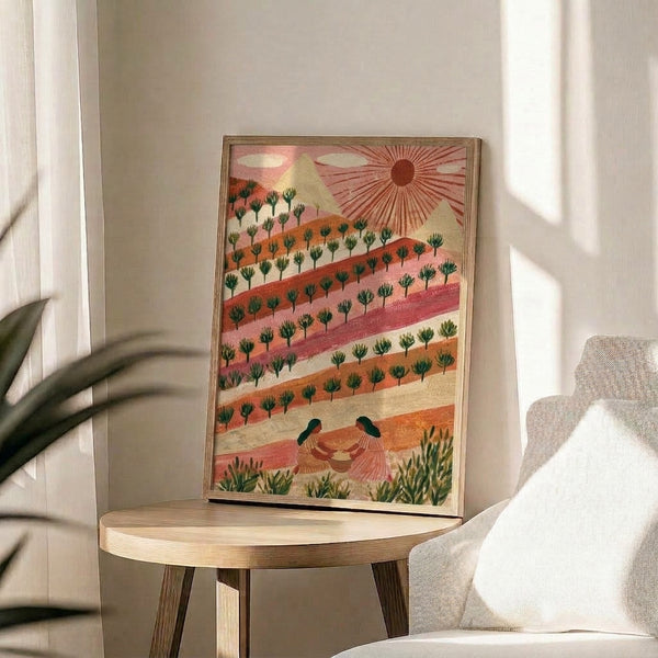 Modern landscape poster in soft watercolor showing a woman among cream and sage green fields with terracotta mountain ridges and a warm, peaceful sunrise mood.