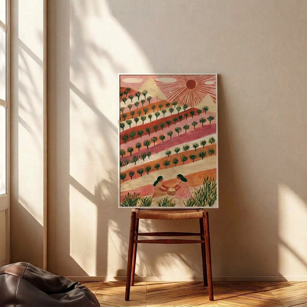 Minimalist pastoral print with warm terracotta, ochre, and dusty rose hues capturing a serene sunrise over mountains and cultivated fields in boho aesthetic.