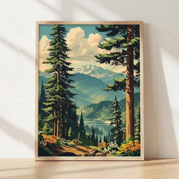 Vintage-style mountain landscape poster with a serene lake, forested slopes, and cloudy sky in teal, forest green, and golden brown tones.