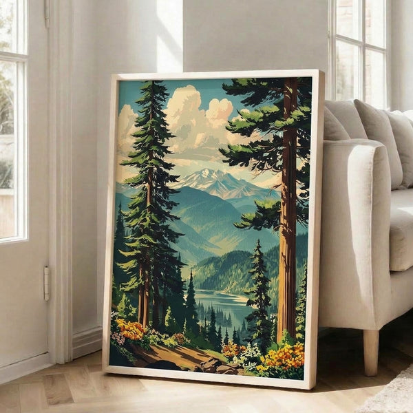 Framed mid-century modern art print depicting a majestic mountain scene with evergreen trees, calm lake waters, and cream and sky blue accents.
