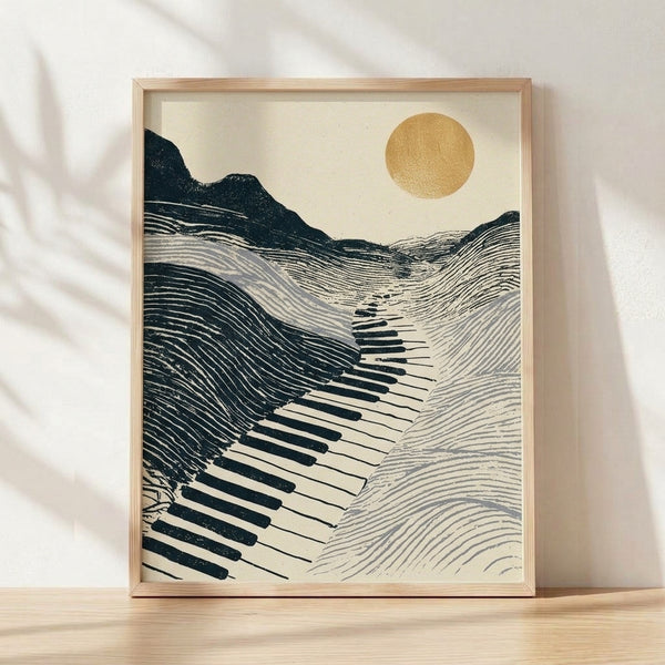 Minimalist landscape poster featuring a stylized mountain range in dark teal with piano key patterns, a gold sun, and cream background in Japanese woodblock style.