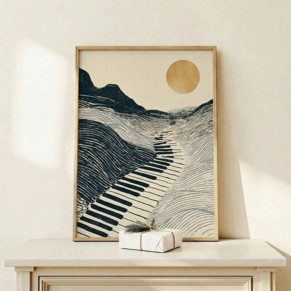 Serene mountain valley artwork with piano keyboard texture, golden sun, and muted teal and gray tones in a contemplative japandi aesthetic.