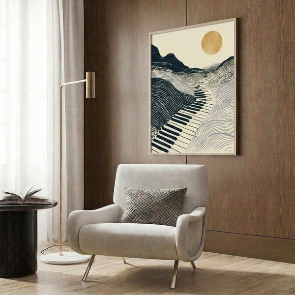 Vintage-inspired framed art print showing layered mountains with piano key design elements and a warm gold sun against a cream and teal palette.