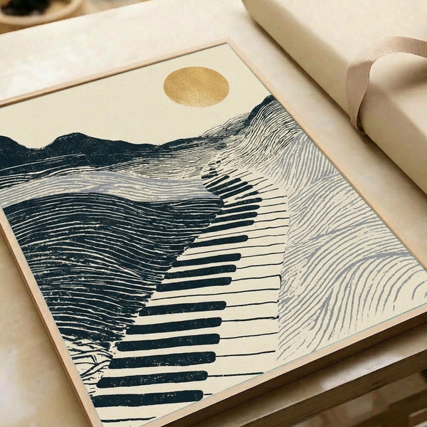 Zen landscape poster combining musical and natural imagery: piano keys form mountain silhouettes beneath a glowing gold sun in soft, earthy colors.