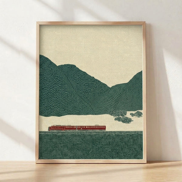 Minimalist line art poster of a vintage red train traveling through forested mountains with a serene, nostalgic aesthetic in cream, forest green, and burgundy tones.