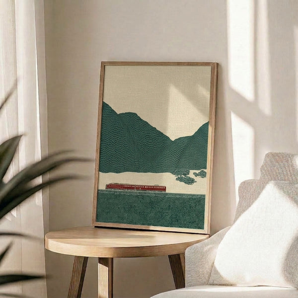 Retro travel art print with a red train journeying past mountains and water in muted earth tones, rendered in clean line art with a peaceful, nostalgic mood.