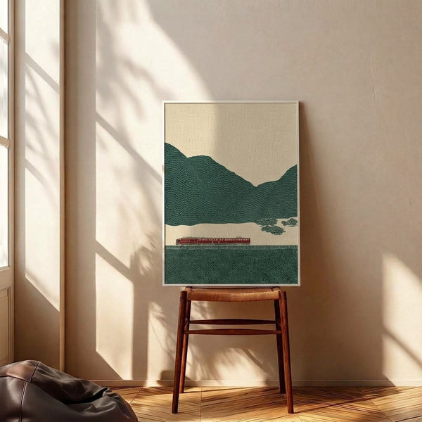 Vintage mountain landscape poster showing a burgundy train among trees and peaks in soft cream and green hues, minimalist composition with serene contemplative feeling.