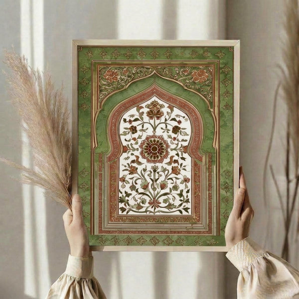 Serene classical floral artwork in a frame displaying an arched composition of intertwining botanical motifs in olive and terracotta tones, blending Japandi and traditional manuscript aesthetics.