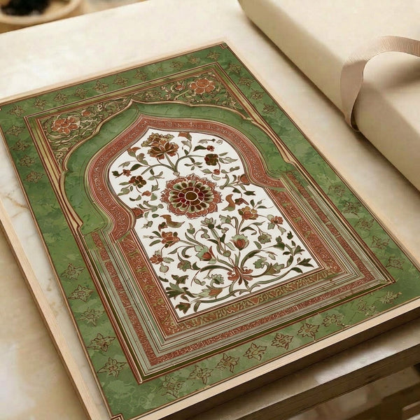 Framed decorative art print depicting a graceful arched botanical design with ornamental vines and flowers in warm terracotta and soft olive hues, merging classical and contemporary botanical elegance.
