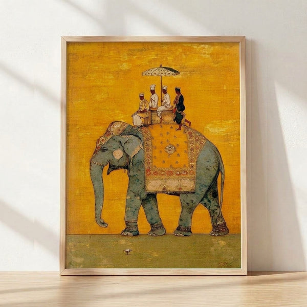 Vintage Mughal miniature painting depicting a regal elephant procession with ornate howdah, attendants with umbrellas, rendered in warm gold, ochre, and terracotta tones framed on a wall.