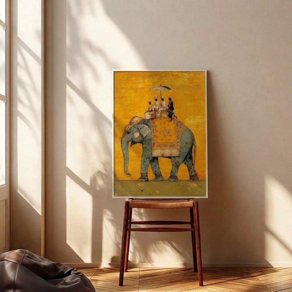 Framed Asian art print showing an exotic elephant procession in traditional Mughal style, featuring richly detailed figures and cream-colored background with slate grey and gold accents.