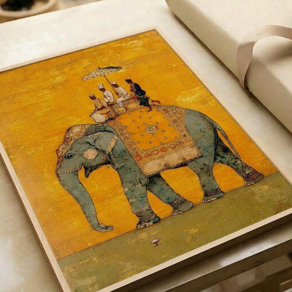 Antique-style Indian miniature artwork of a ceremonial elephant with howdah and attendants, painted in warm ochre and terracotta hues with contemplative, regal atmosphere.