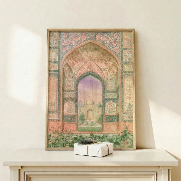 Romantic Islamic garden composition featuring an elegant archway entrance with flowering plants and distant dome, painted in dusty blue, terracotta, and soft pastels in a vintage boho style.