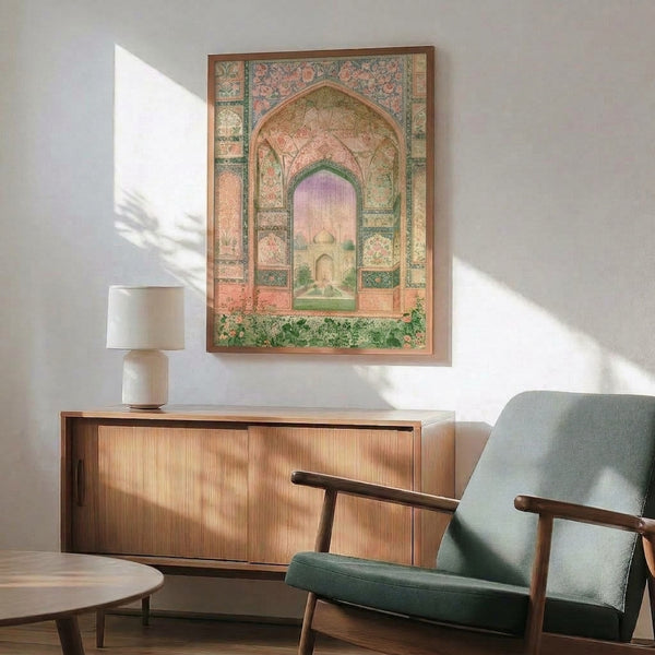 Contemplative Taj Mahal-inspired artwork showing an intricate arched gateway with Persian garden motifs, flowers, and palatial elements in warm rose and cool sage hues with Art Nouveau design sensibility.