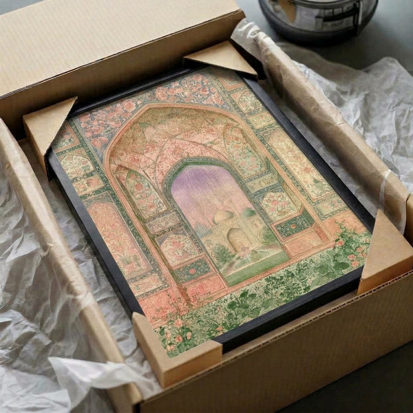 Elegant framed poster depicting a tranquil Mughal courtyard scene with decorative archway, flowering garden, and distant dome in a harmonious palette of rose pink, sage green, and cream.