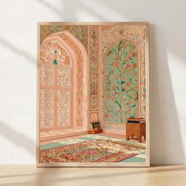 Art Nouveau framed poster depicting a serene Mughal garden interior with ornate doorway, flowering plants, peacock, and scattered books in coral pink, sage green, and warm gold tones.