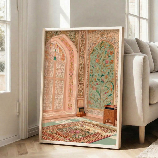 Japandi-style wall art showing an elegant contemplative room with arched window, lush florals, peacock motif, and decorative carpet in soft terracotta and cream palette.