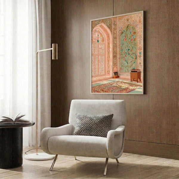 Ornate framed print of a tranquil Mughal interior garden room featuring peacock, potted flowers, open window, and rich botanical details in coral and sage green hues.