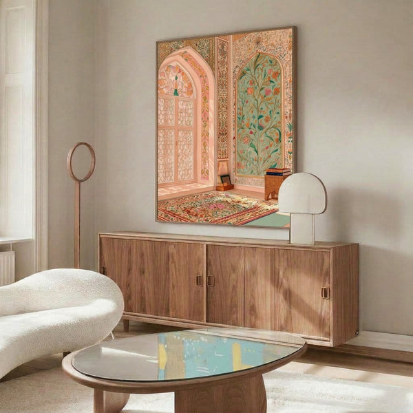 Serene Art Nouveau wall poster presenting an elegant Asian-inspired interior garden scene with window, flowering plants, peacock, and warm gold accents on cream background.