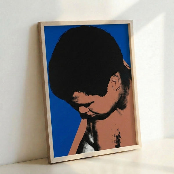 Contemporary pop art framed poster of boxer Muhammad Ali with saturated color palette and silkscreen aesthetic.