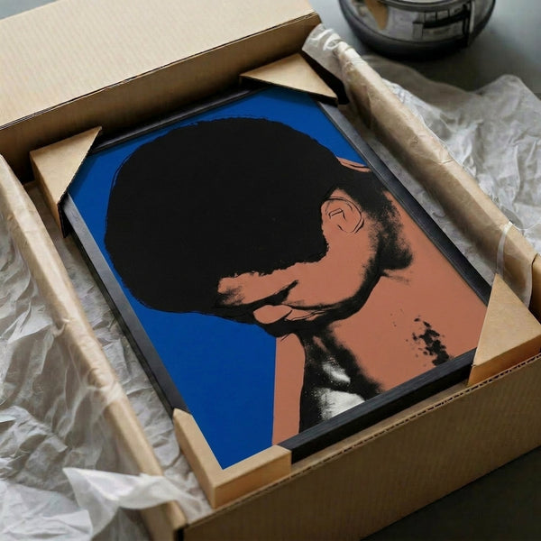 Muhammad Ali pop art print with luminous color saturation and Warhol-inspired visual intensity as wall decor.