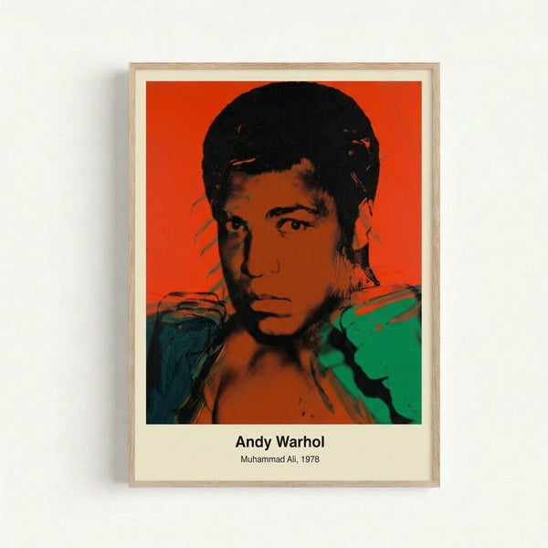 Framed contemporary pop art print featuring Muhammad Ali's face rendered in striking jewel tones and black, exemplifying classic modern portrait art.