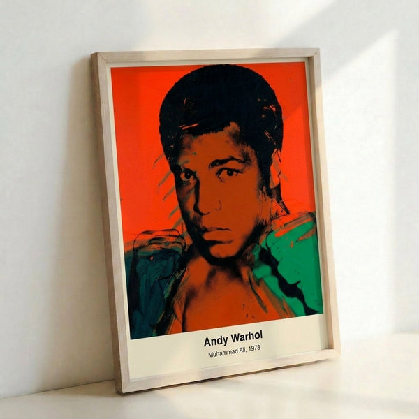 Inspirational pop art wall poster of the legendary boxer Muhammad Ali, rendered in vibrant hues with gold and white accents in Warhol's distinctive style.