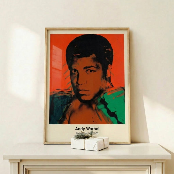 Muhammad Ali pop art portrait in bold black, gold, and vivid accent colors, a modern wall art tribute to the iconic athlete.