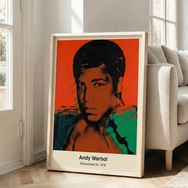 Contemporary pop art framed poster depicting Muhammad Ali's powerful visage in saturated colors and monochromatic contrast, inspired by Warhol's technique.