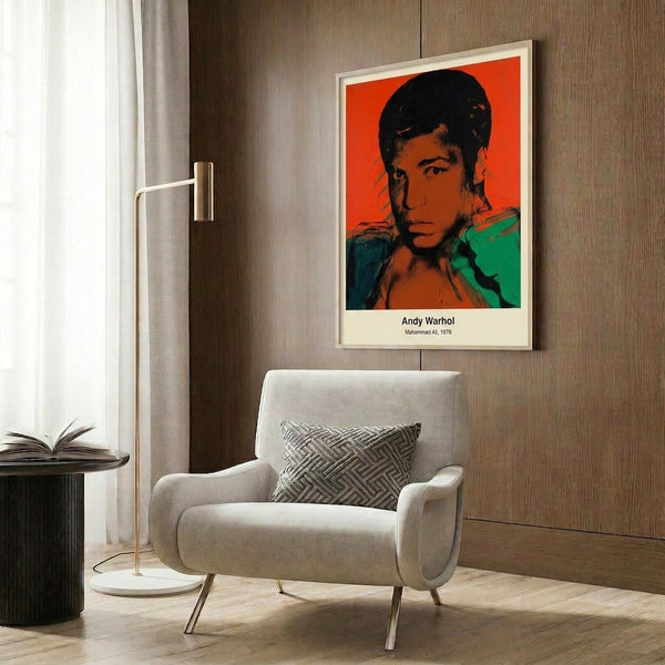 Pop art style portrait of Muhammad Ali displayed as a framed print, featuring vibrant jewel tones against black and gold in modern gallery fashion.