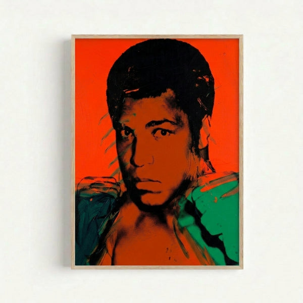 Framed Muhammad Ali pop art print featuring bright contrasting colors and simplified facial features in modern abstract style.