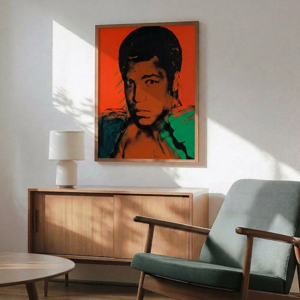 Colorful Muhammad Ali pop art portrait with graphic silkscreen effect in vibrant hues, framed as contemporary wall décor.